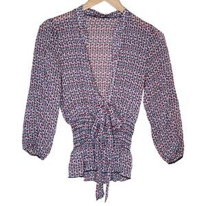 Y2K Sheer Black Red Floral Wrap Blouse Ruched Waist Open Neck Womens Size Medium